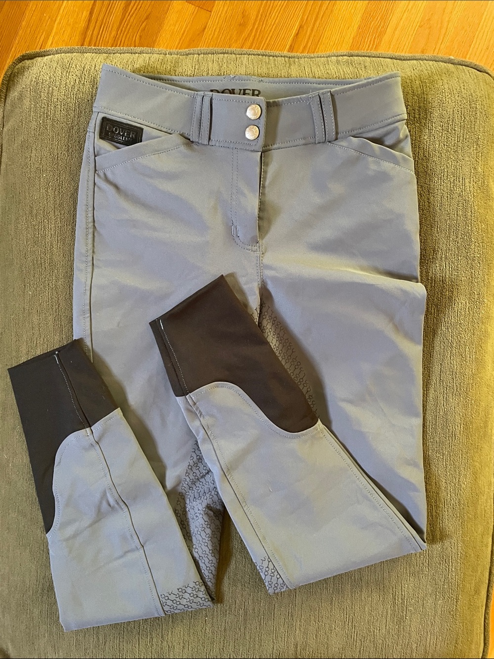 Dover Saddlery Women's Light Gray Riding Breeches with Black Knee Patches